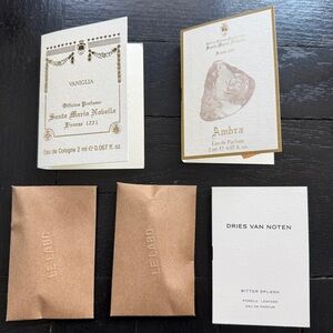 5 perfume samples of: Le Labo, Santa Maria Novella, Dries Van Noten